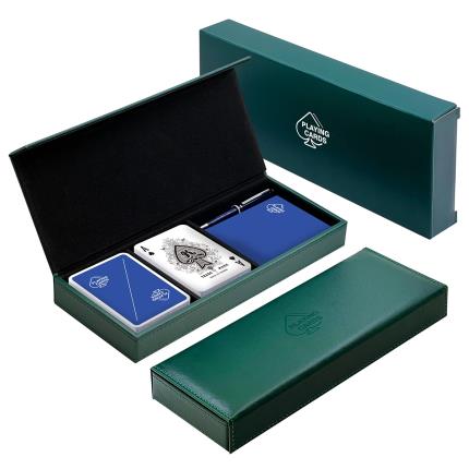 Caixa de couro flip top strip para cartas de baralho de 2 baralhos (com caneta e bloco de pontua&#xE7;&#xE3;o)
