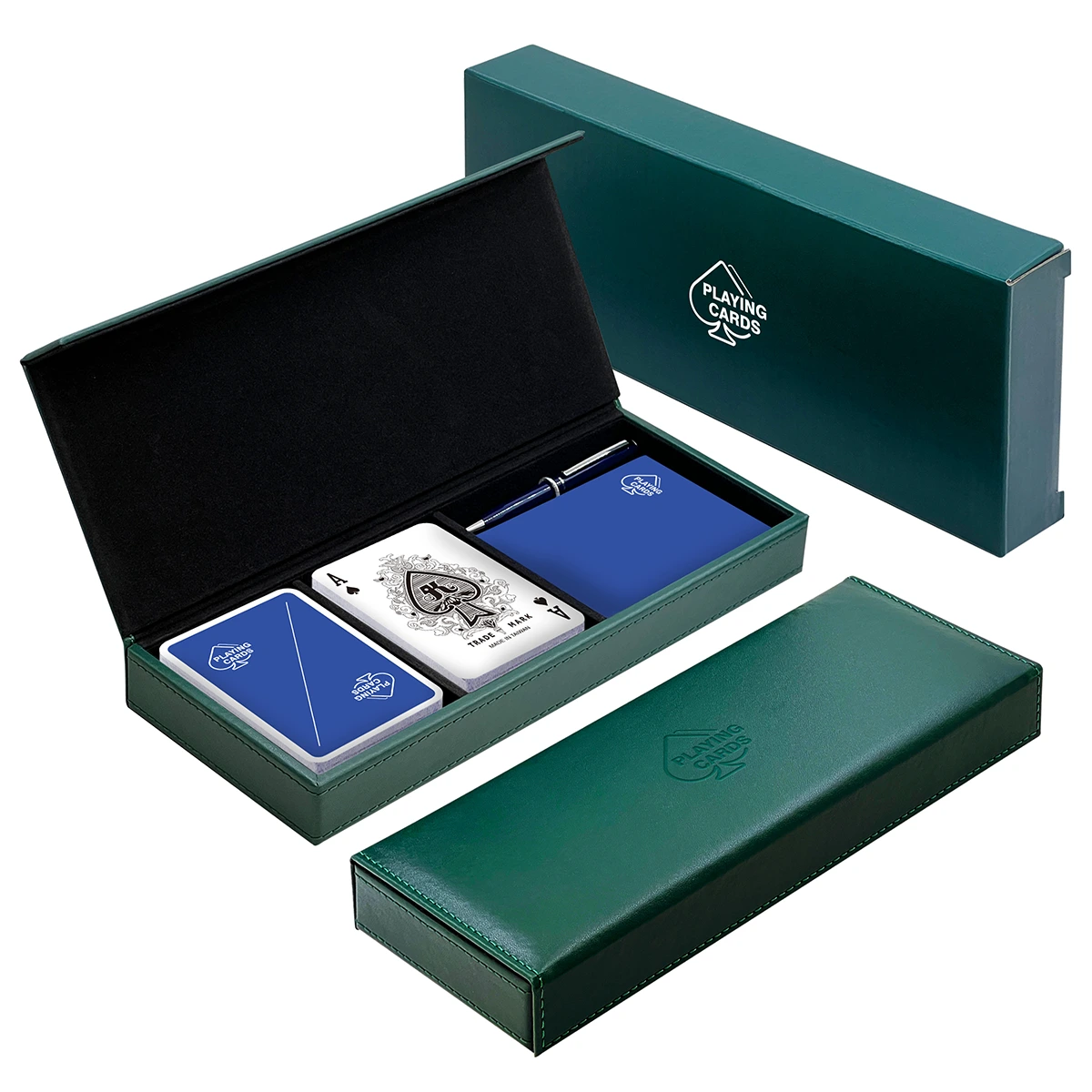카드 2덱용 플립 탑 스트립 가죽 상자(펜 및 스코어 패드 포함)