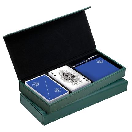 Flip-Top-Streifen-Lederbox f&#xFC;r 2 Spielkarten (mit Stift und Punkteblock)