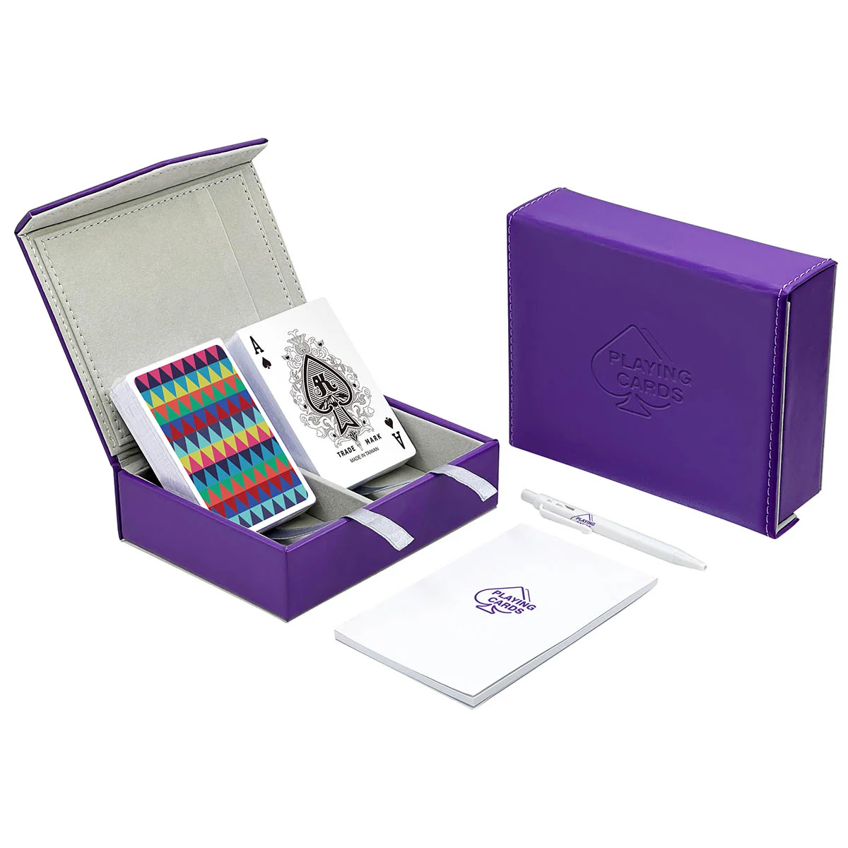 Кожаная коробка с откидной крышкой и магнитом для двух колод игральных карт (с ручкой и блокнотом)