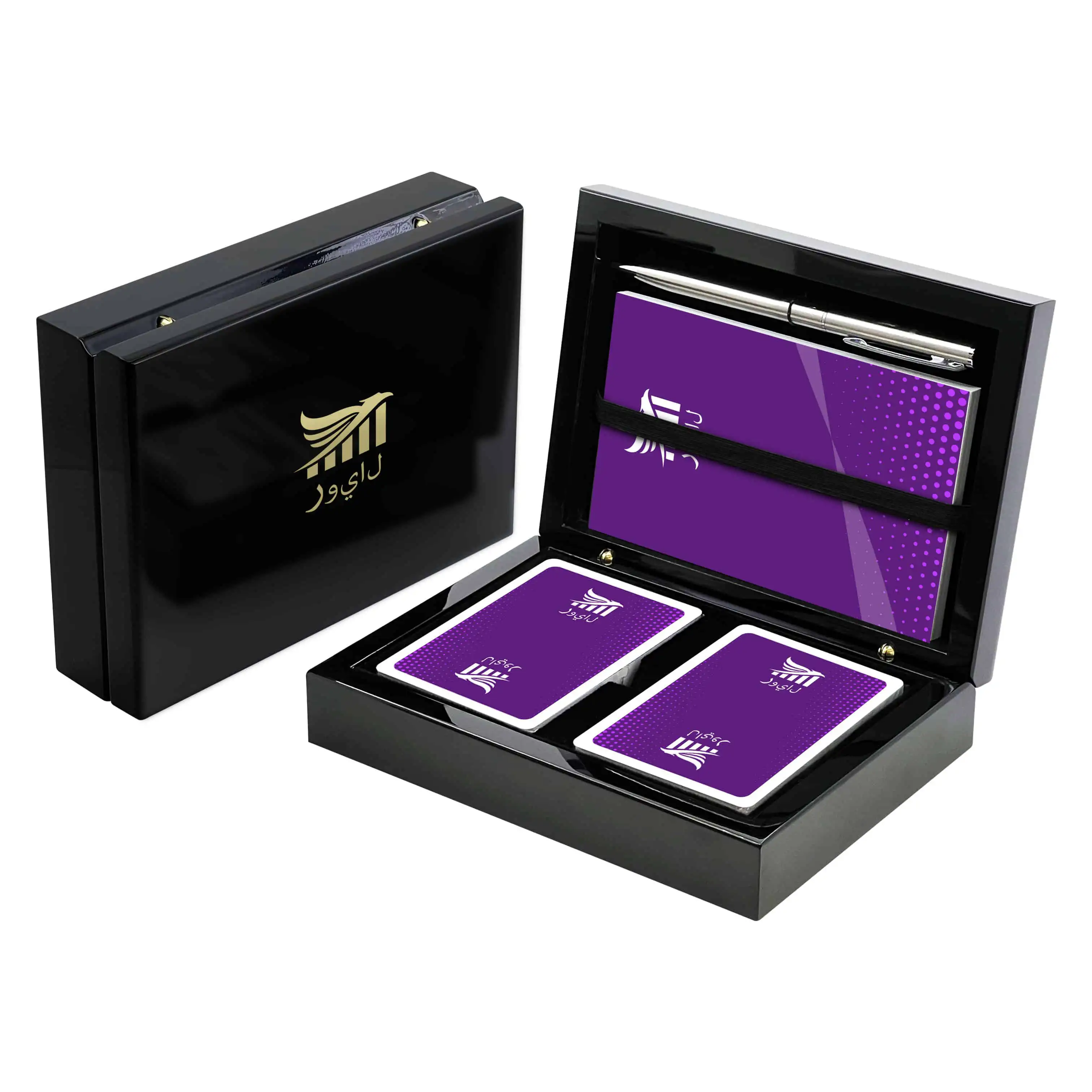 Caixa de madeira preta brilhante para cartas de baralho de 2 baralhos (com caneta e livro de pontuação)