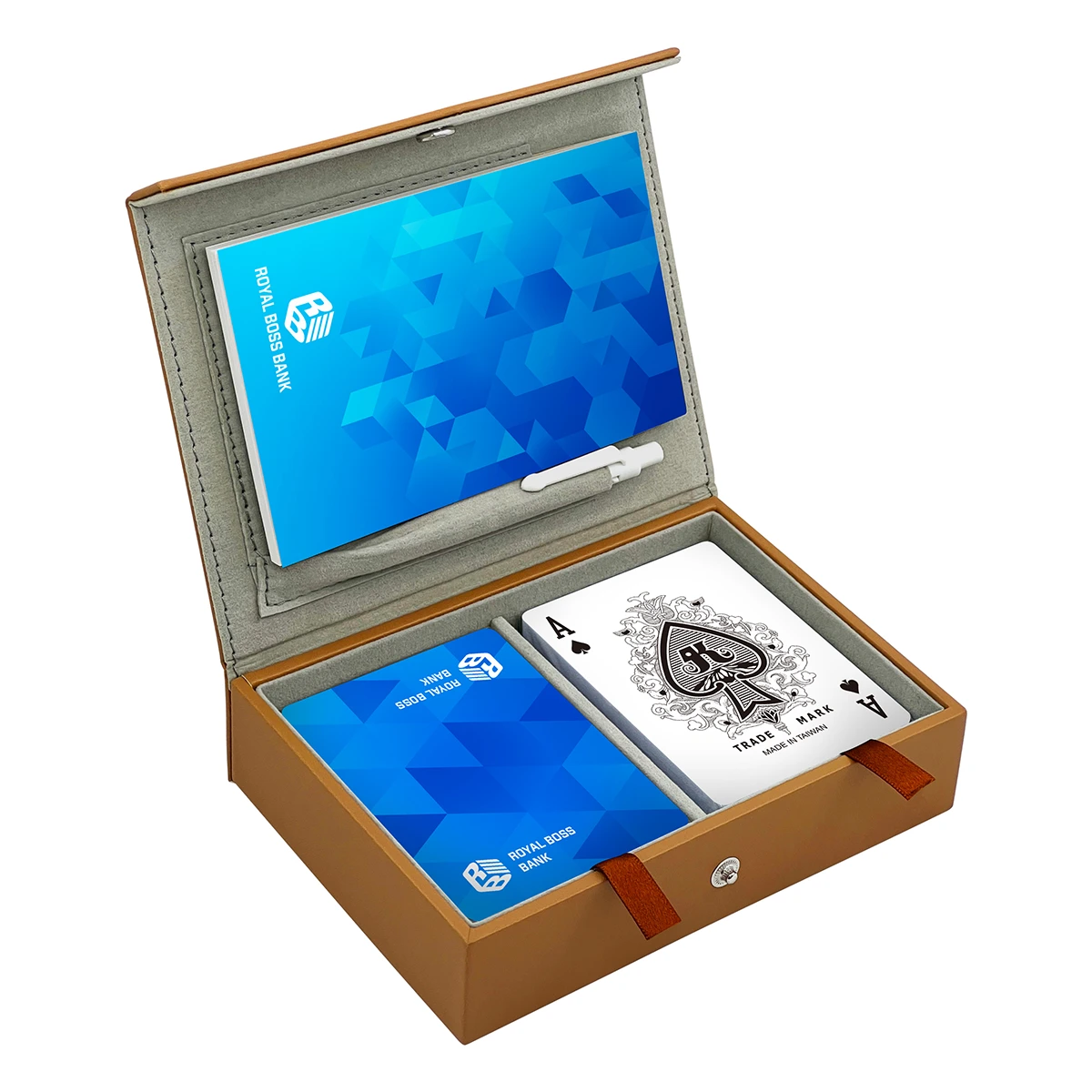 Flip-Top-Lederbox mit Knopf für 2 Deck-Spielkarten (mit Stift und Punkteblock)