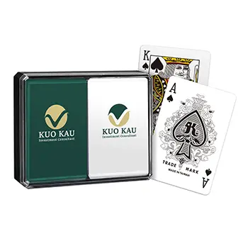 Individuell gestaltete Spielkarten – 310 g/m² Papier in einer D205 Bridge-Doppeldeck-Kunststoffbox – Firmengeschenk für Anlageberater