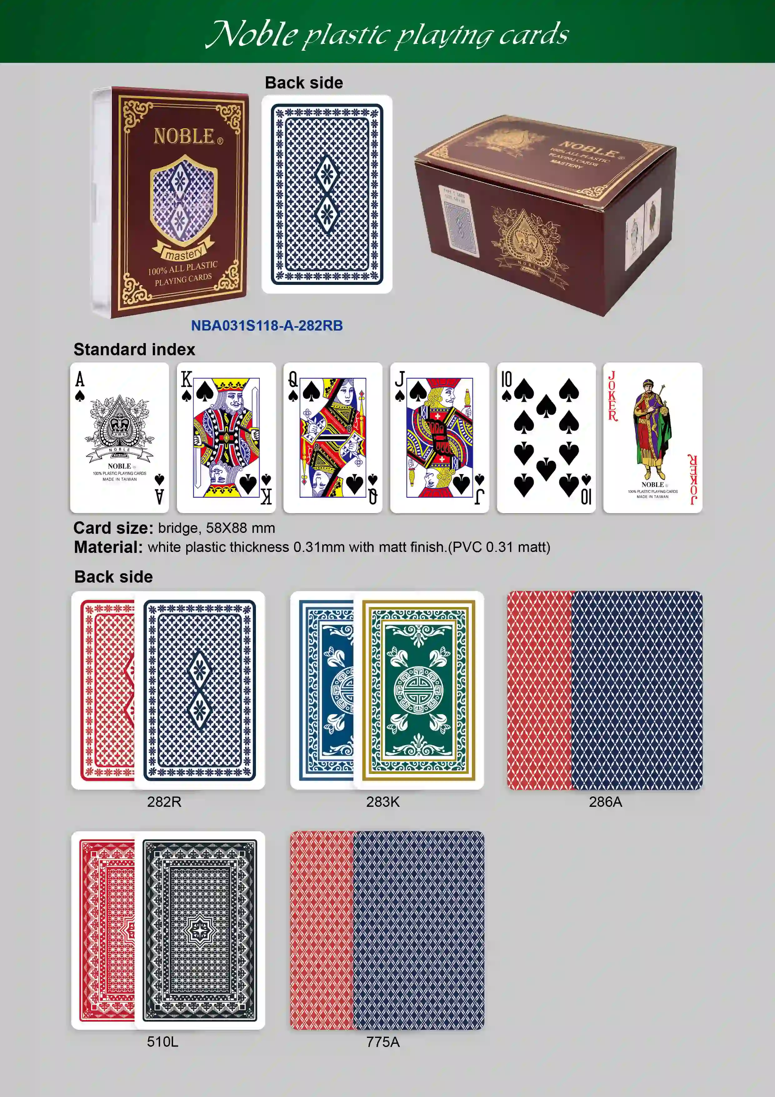 Cartas de jogar de plástico NOBLE - Índice padrão