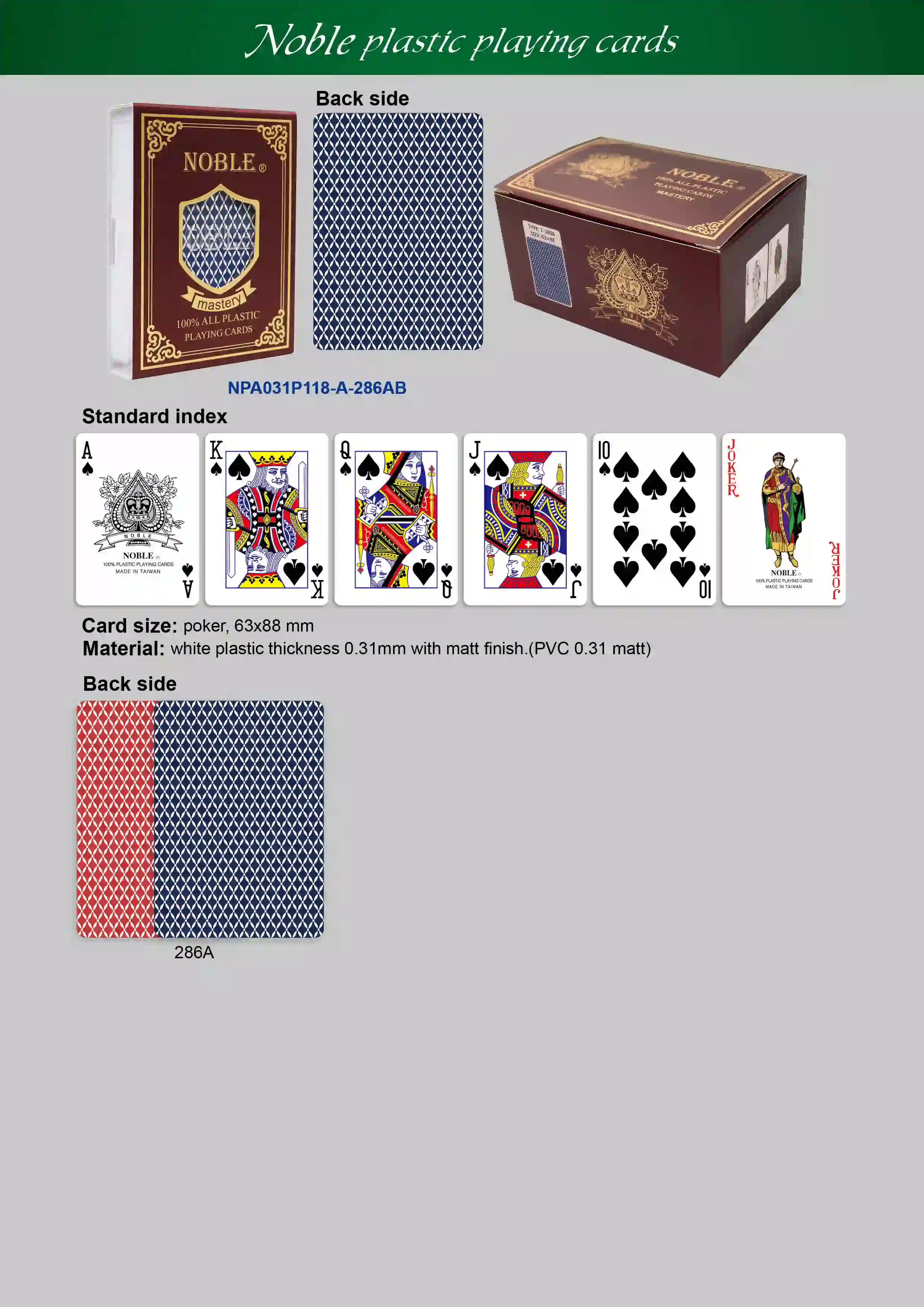 NOBLE Plastic Playing Cards - Standard Index