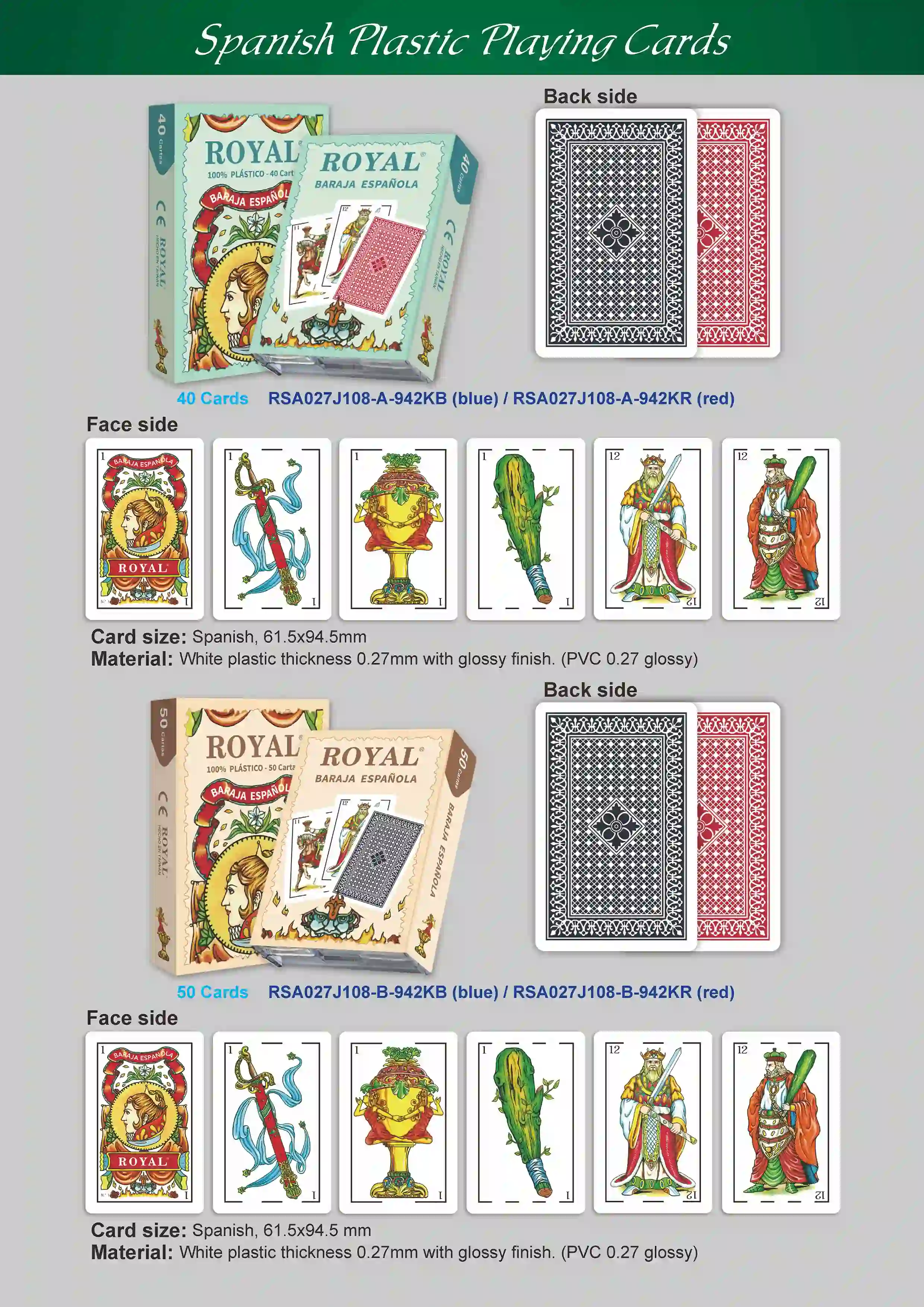 Cartas de jogar de plástico espanholas - 50 cartas